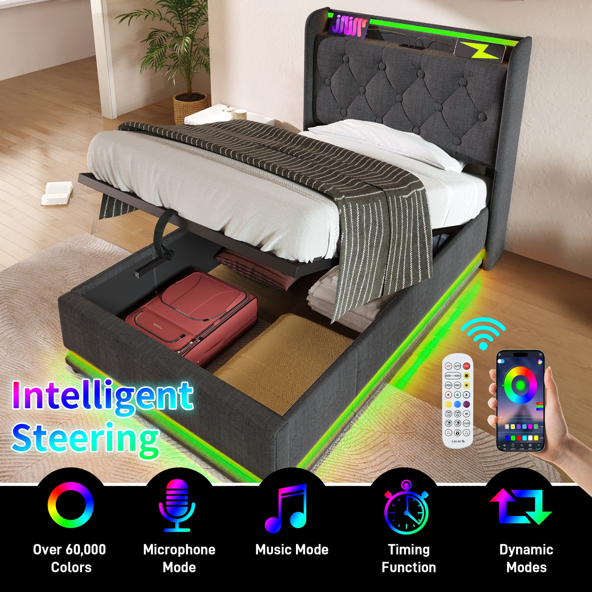 Grey upholstered bed frame with builtin storage and multicolor LED lights