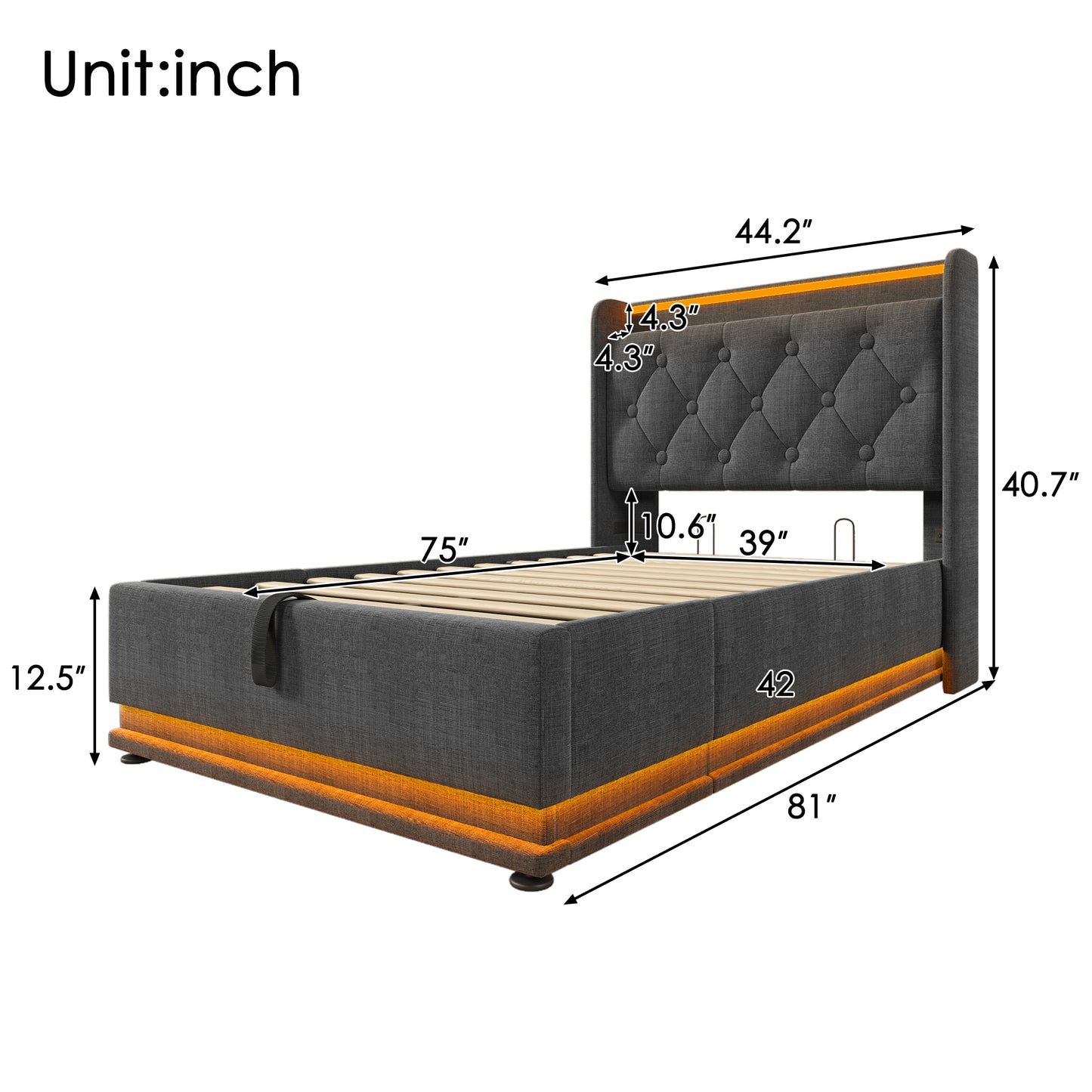 Gray upholstered platform bed with tufted headboard and LED lighting