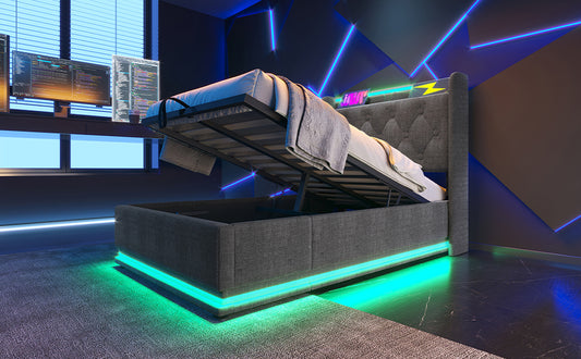 Grey fabric storage bed with RGB LED underglow