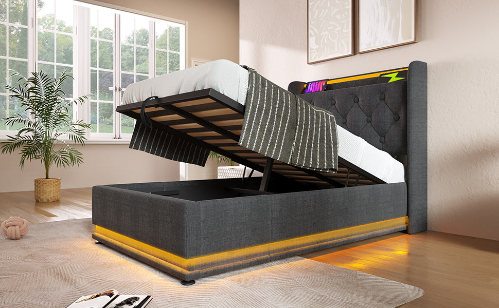 Dark gray fabric storage bed with liftup mattress and yellow LED trim