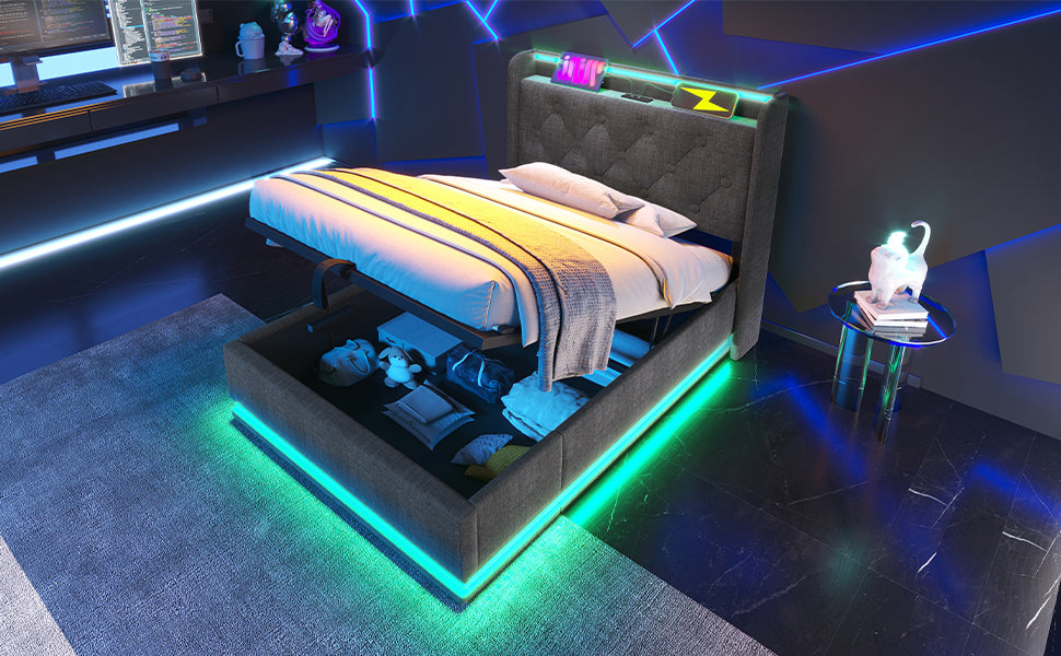 Modern upholstered storage bed with integrated LED lighting