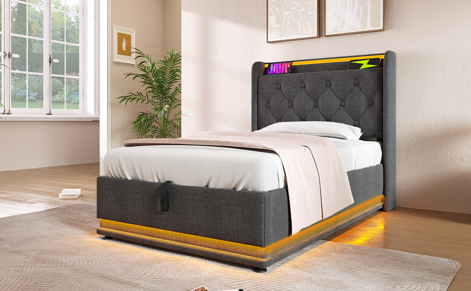 Upholstered grey twin bed frame with builtin LED lighting and tufted headboard