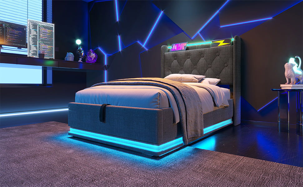 Charcoal gray tufted upholstered bed with blue LED base lighting and geometric wall accents