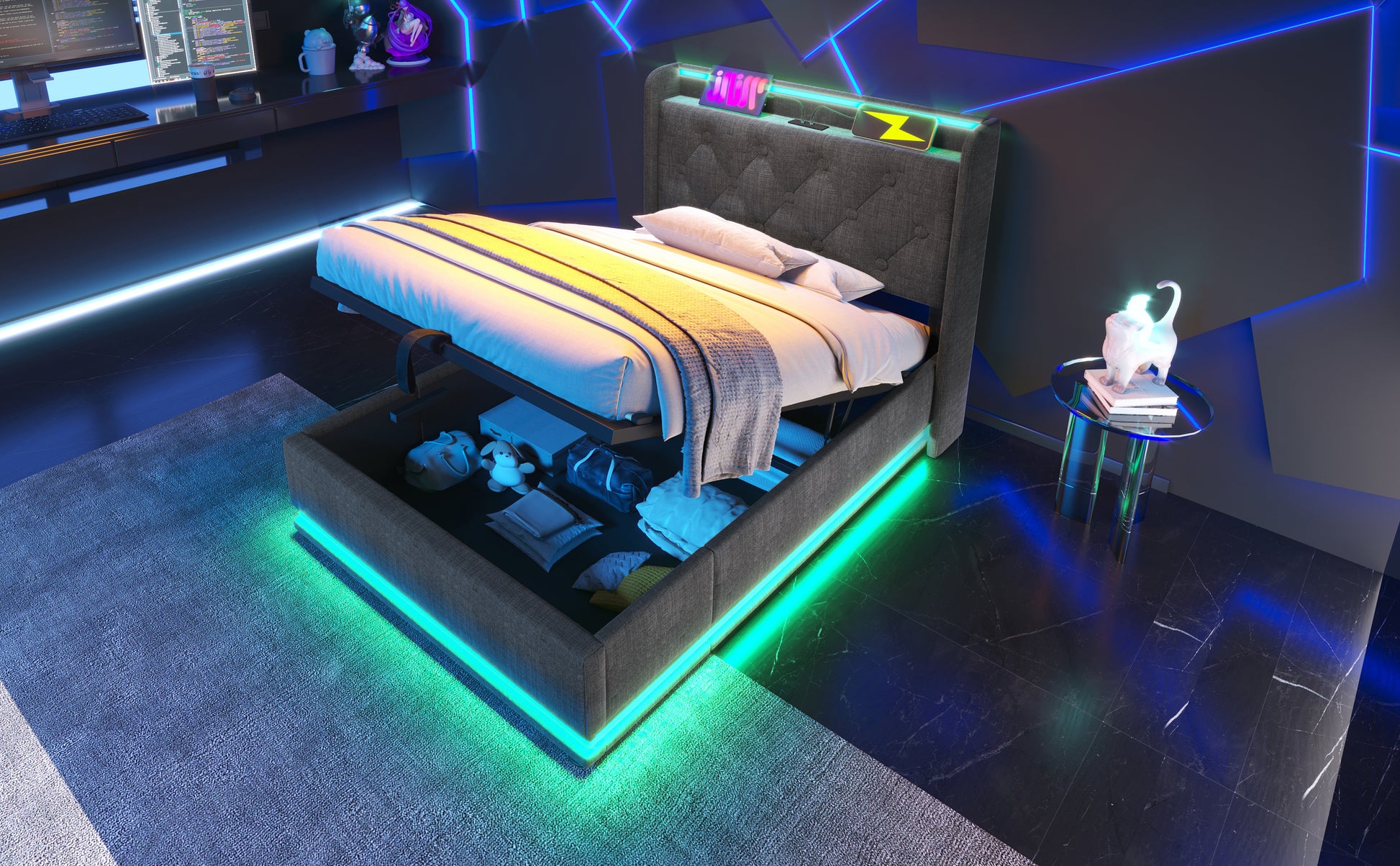 Modern gray fabric storage bed with LED lighting