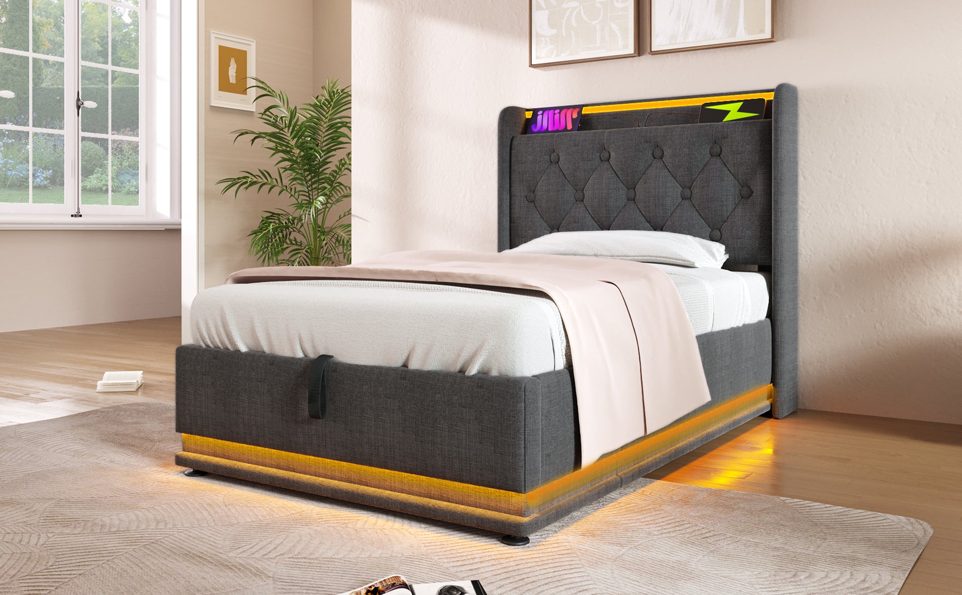 Upholstered grey bed frame with tufted headboard and LED lighting accent