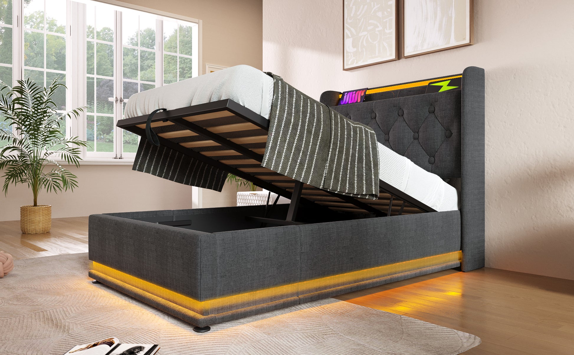 Dark gray tufted storage bed with integrated LED lighting and lifted mattress frame