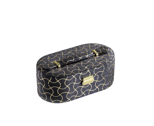 Black oval jewelry box with gold art deco pattern and brass clasp