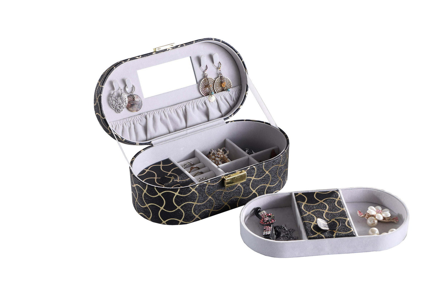 Black and gold patterned oval jewelry box with mirror and compartments