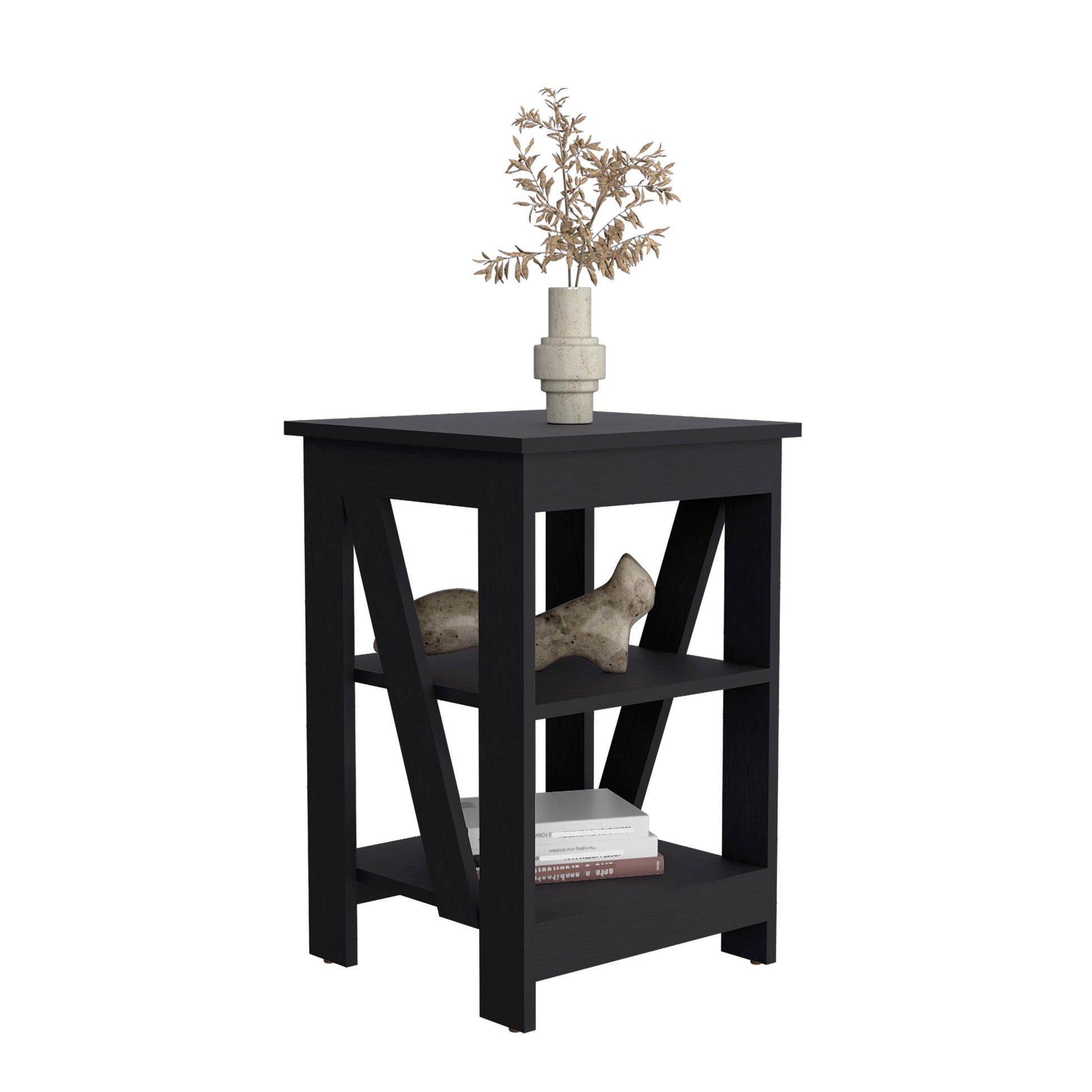 Modern black accent table with two shelves and decorative accents