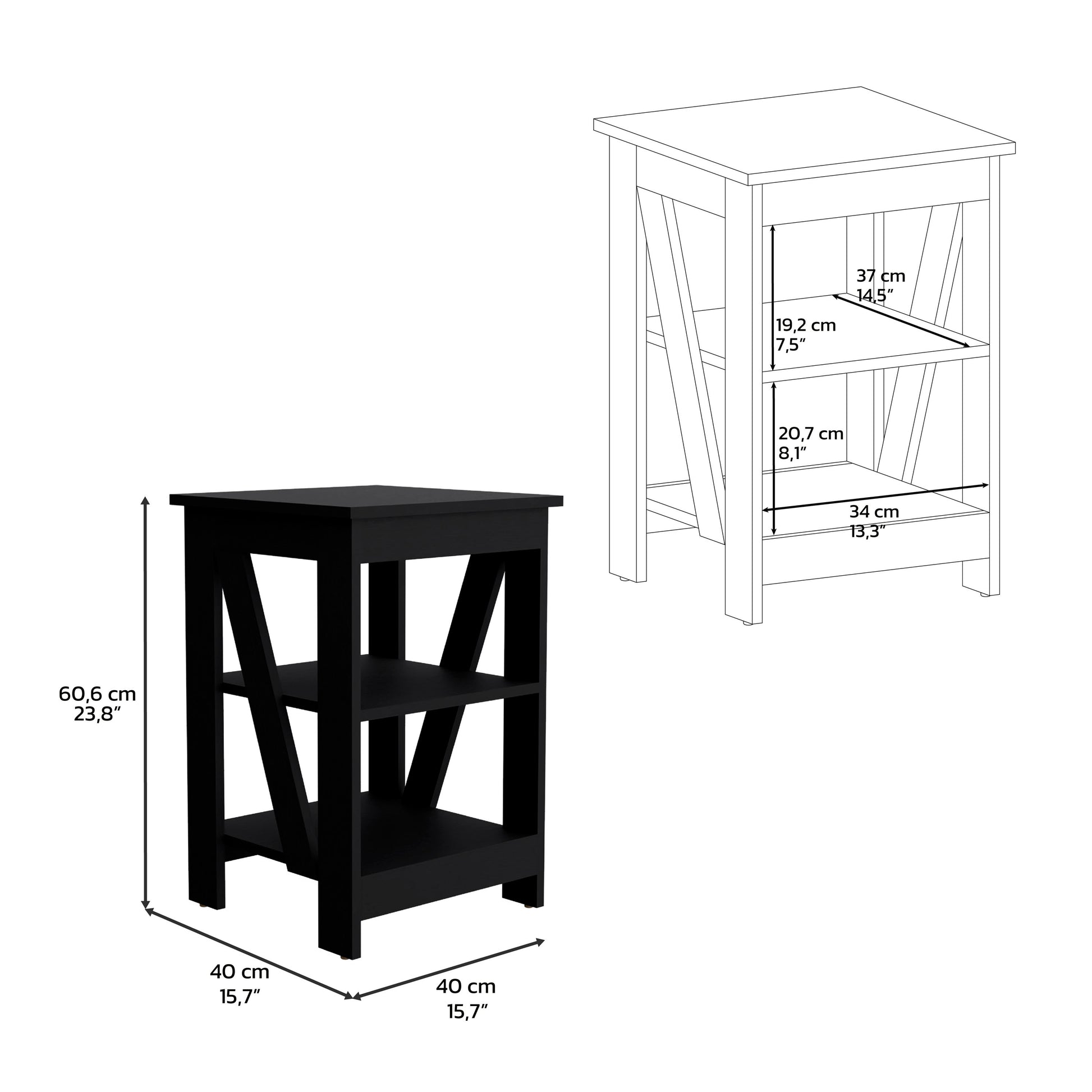 Black wood accent table with two shelves and a rustic crossedleg design
