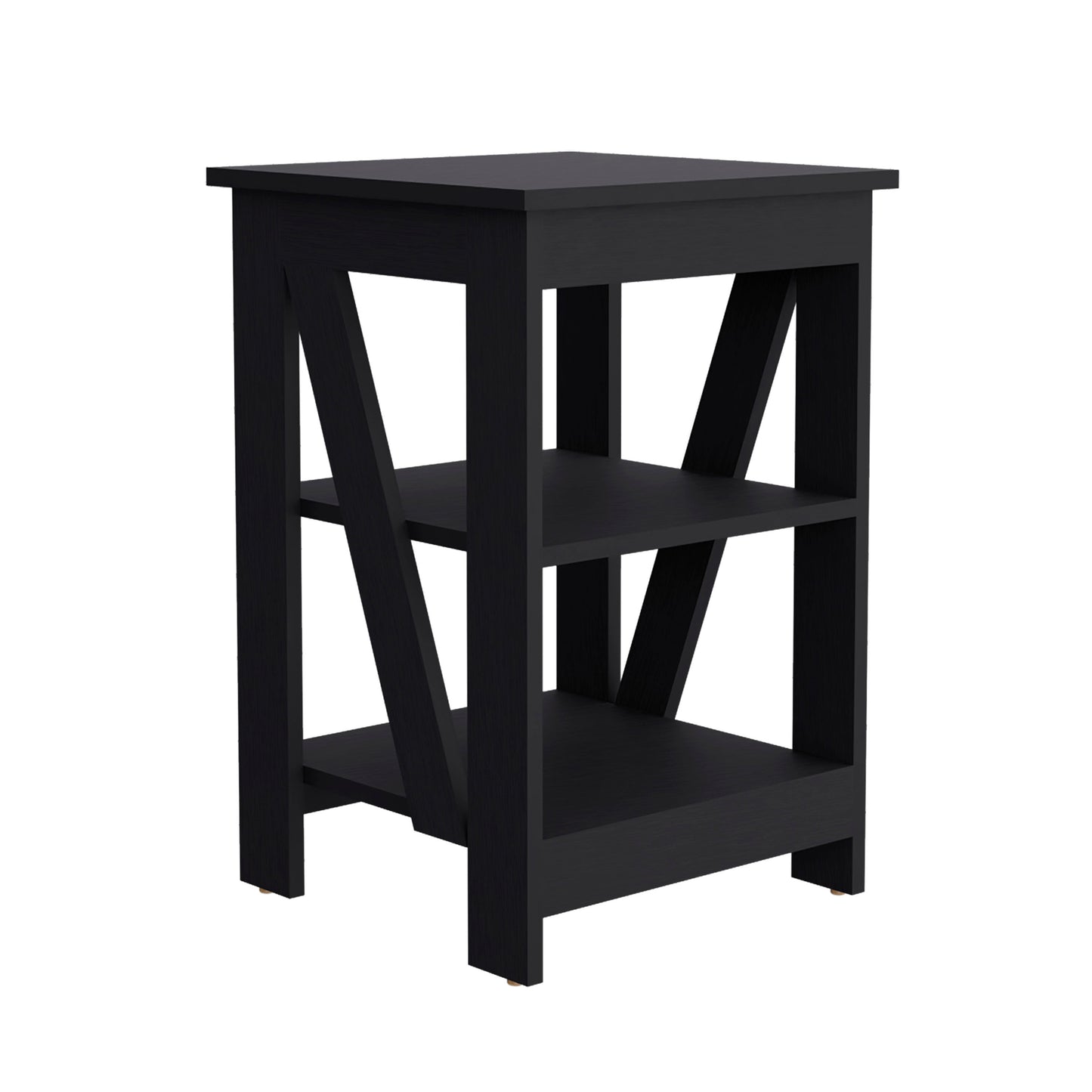 Black twotier side table with slatted side panel design modern bedside furniture