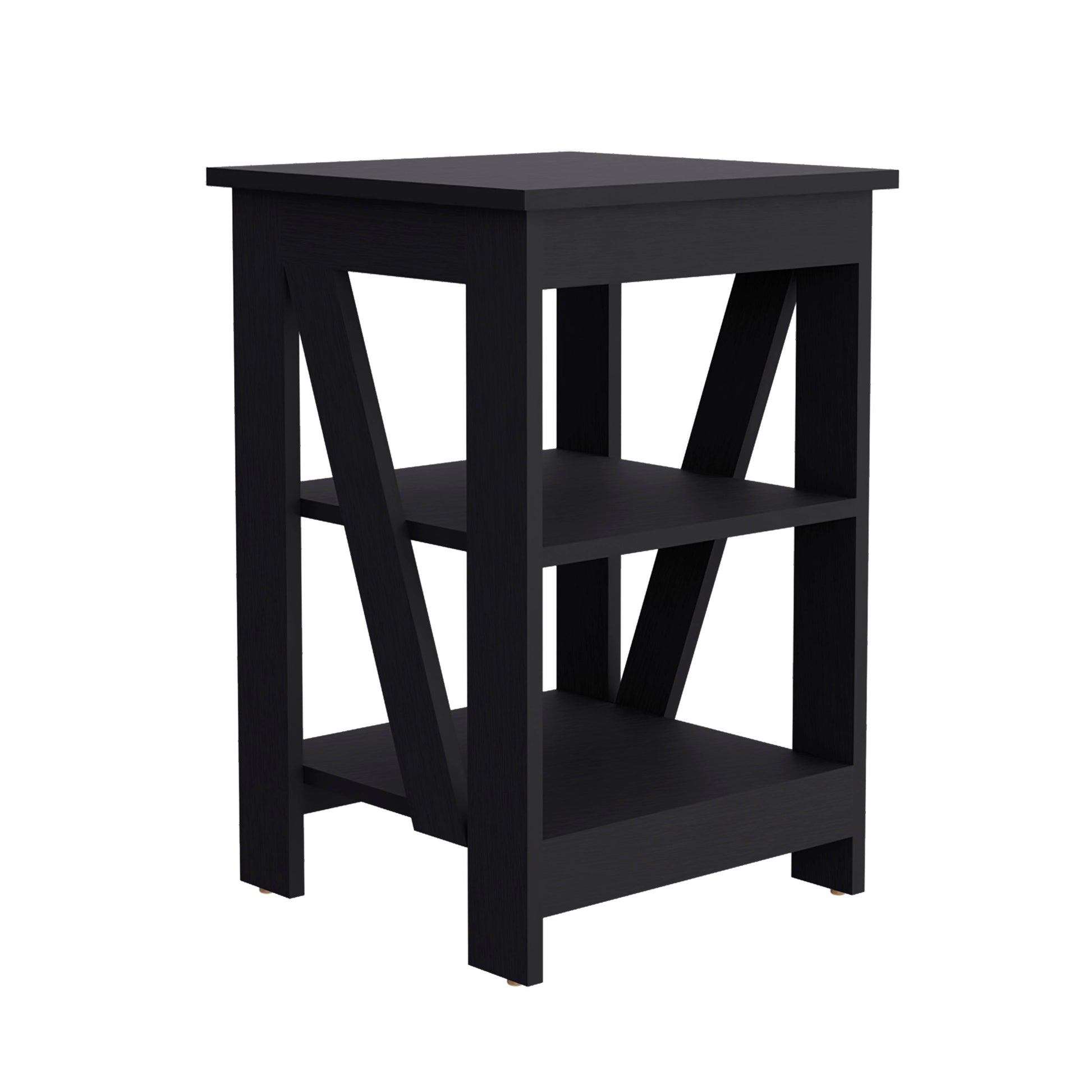 Black twotier side table with slatted side panel design modern bedside furniture