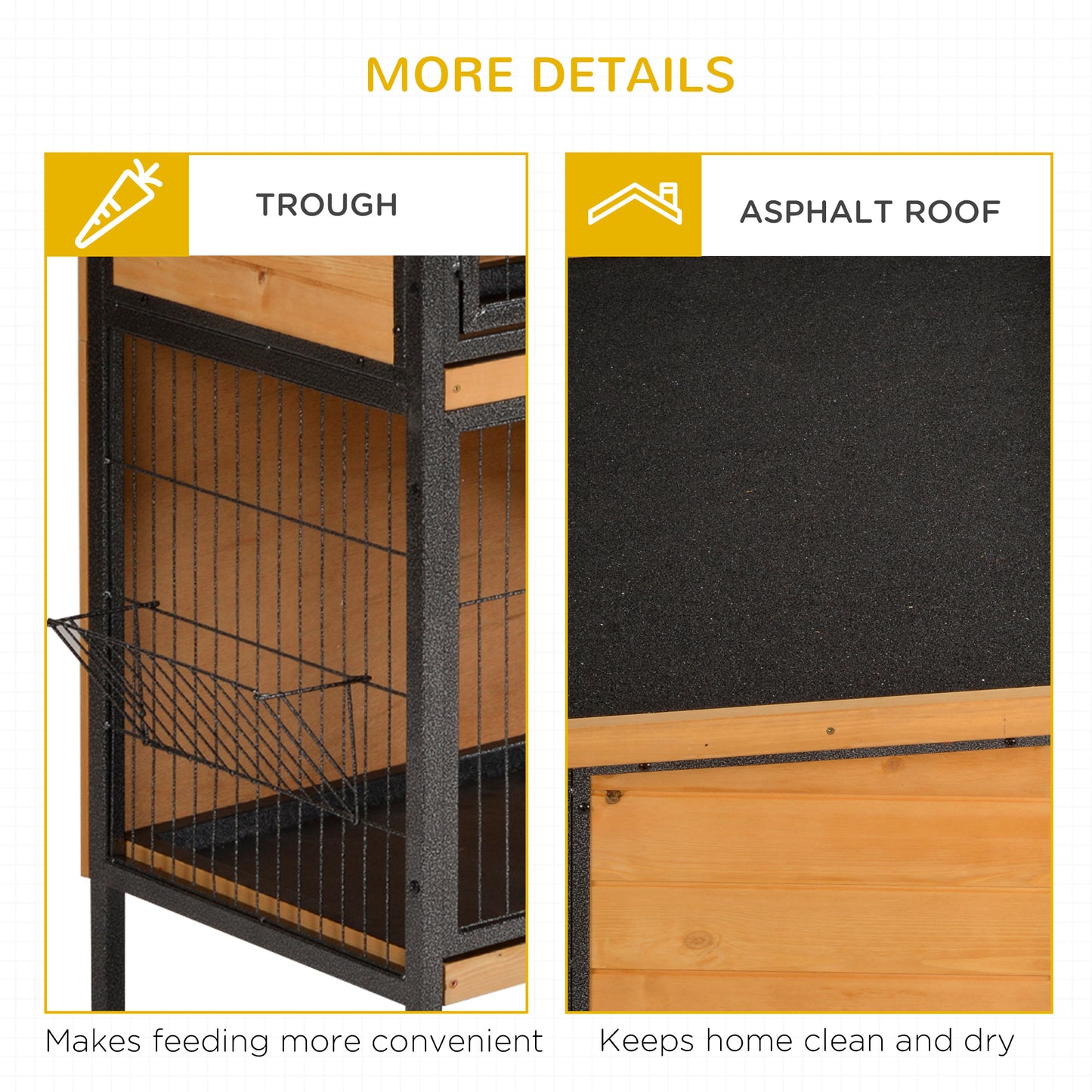 Closeup of a wire feeding trough attached to a wooden and metal pet cage interior