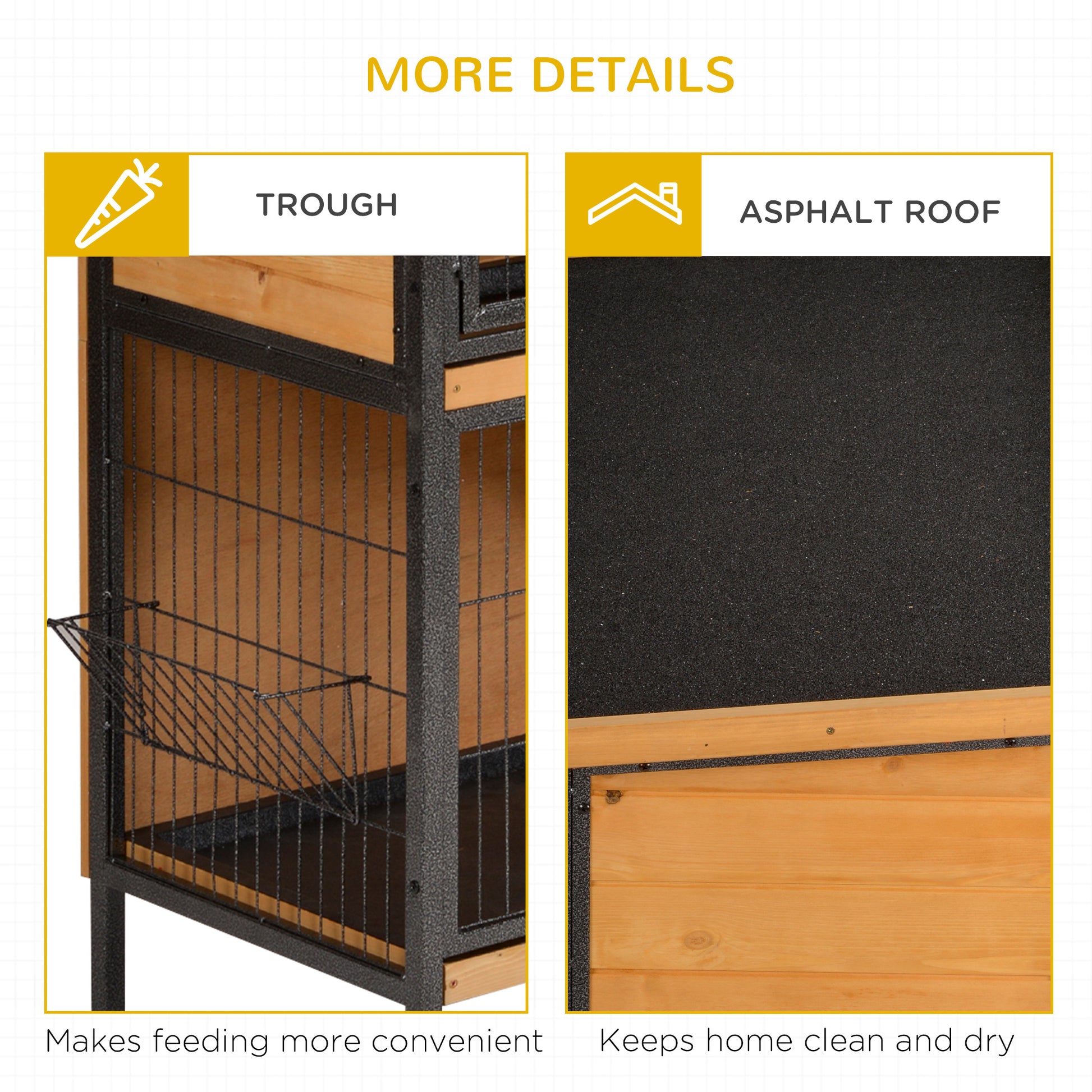Closeup of a wire feeding trough attached to a wooden and metal pet cage interior