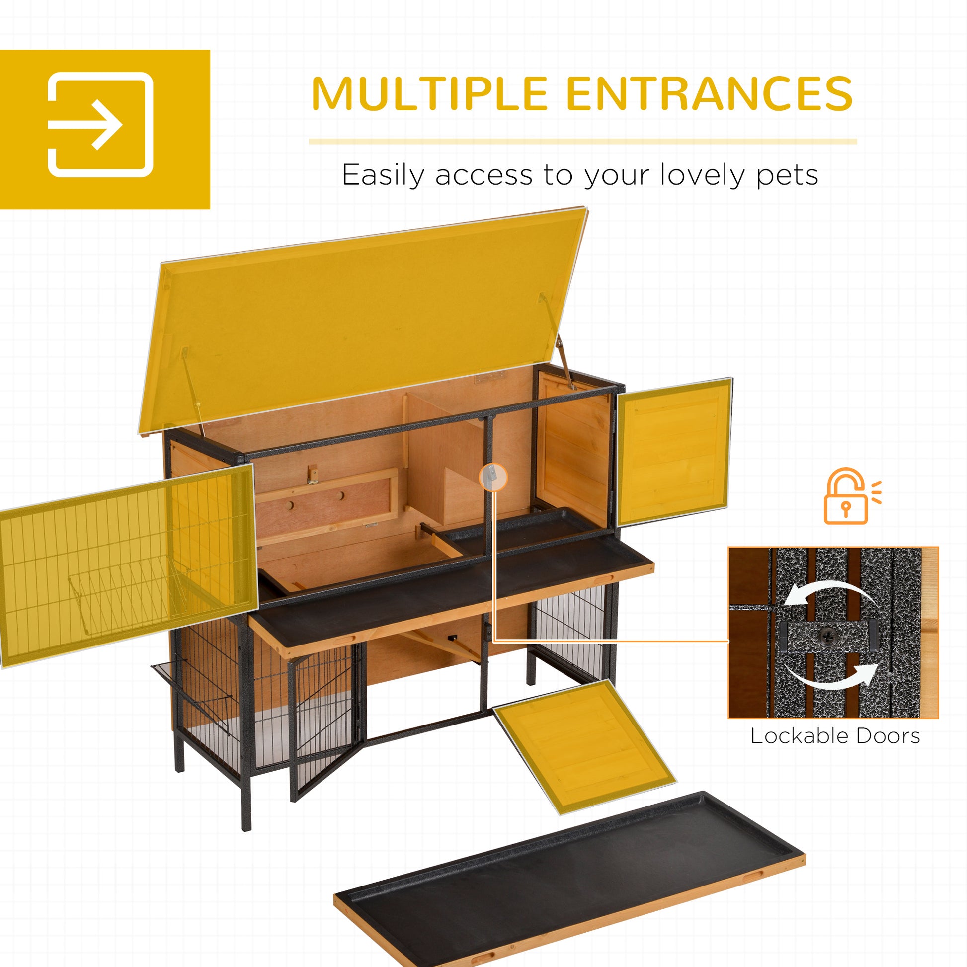 Wooden coop with multiple entrances featuring yellow roof and doors for easy pet access