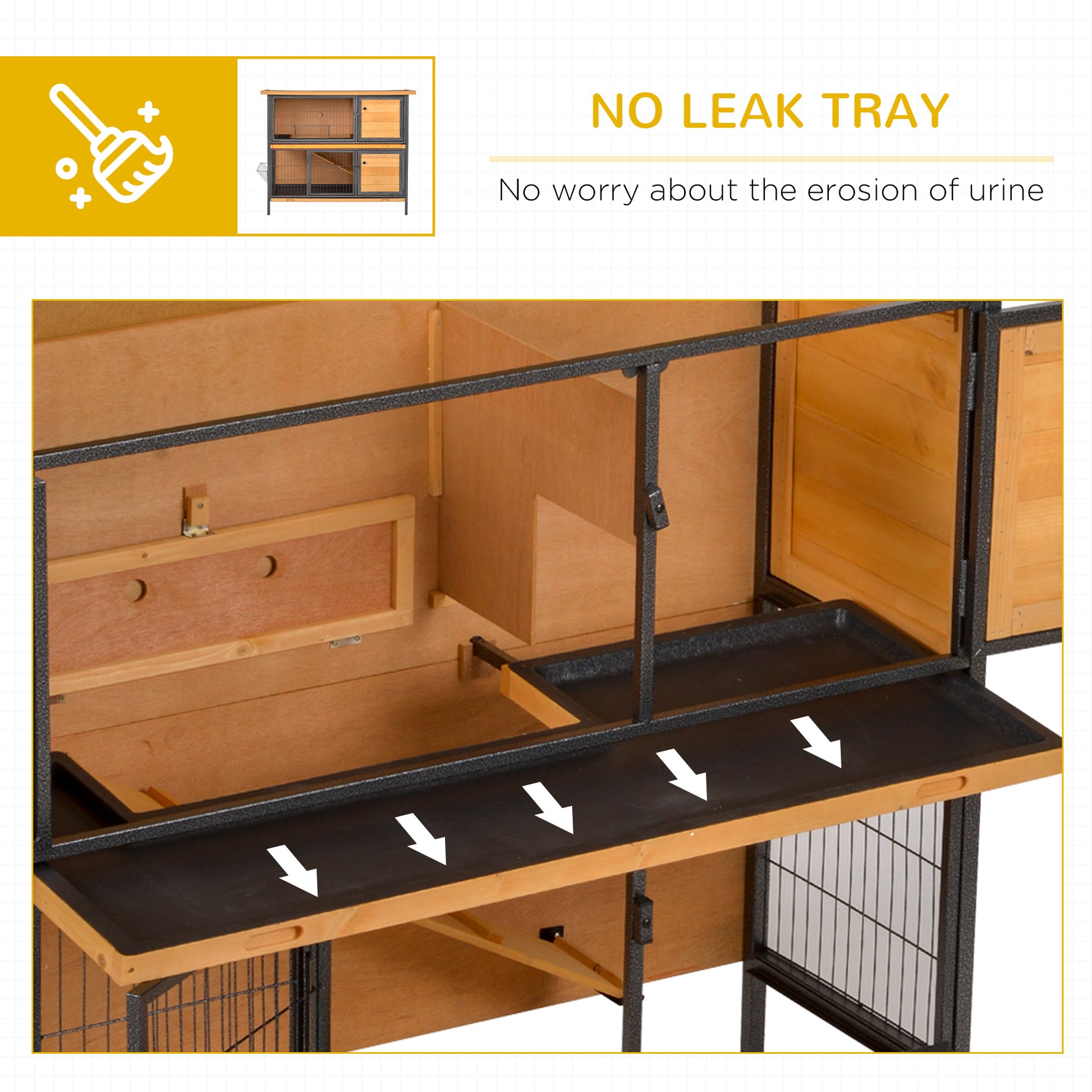 Wooden rabbit hutch with removable tray and wire mesh doors