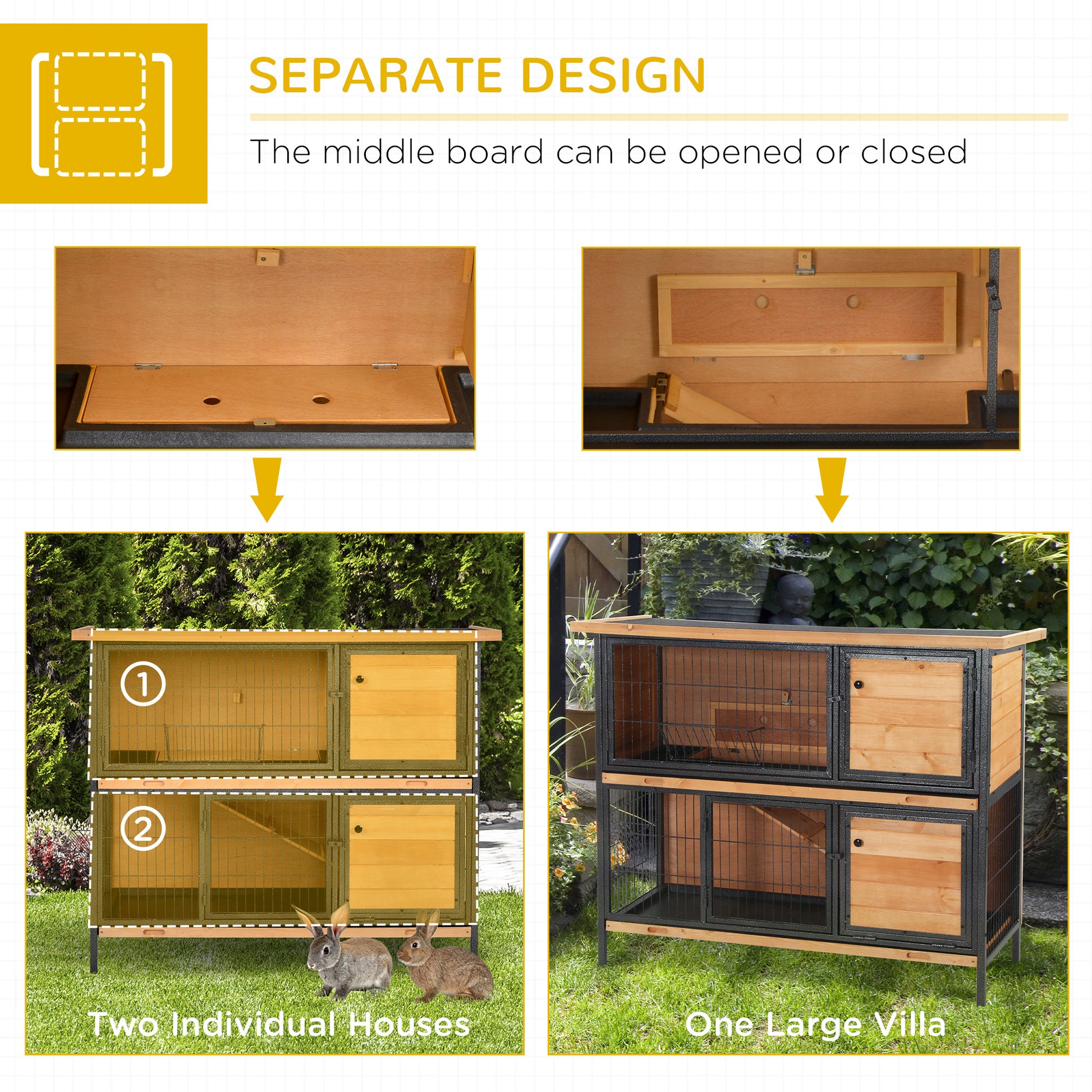 Wooden rabbit hutch with two individual compartments offering separate living spaces