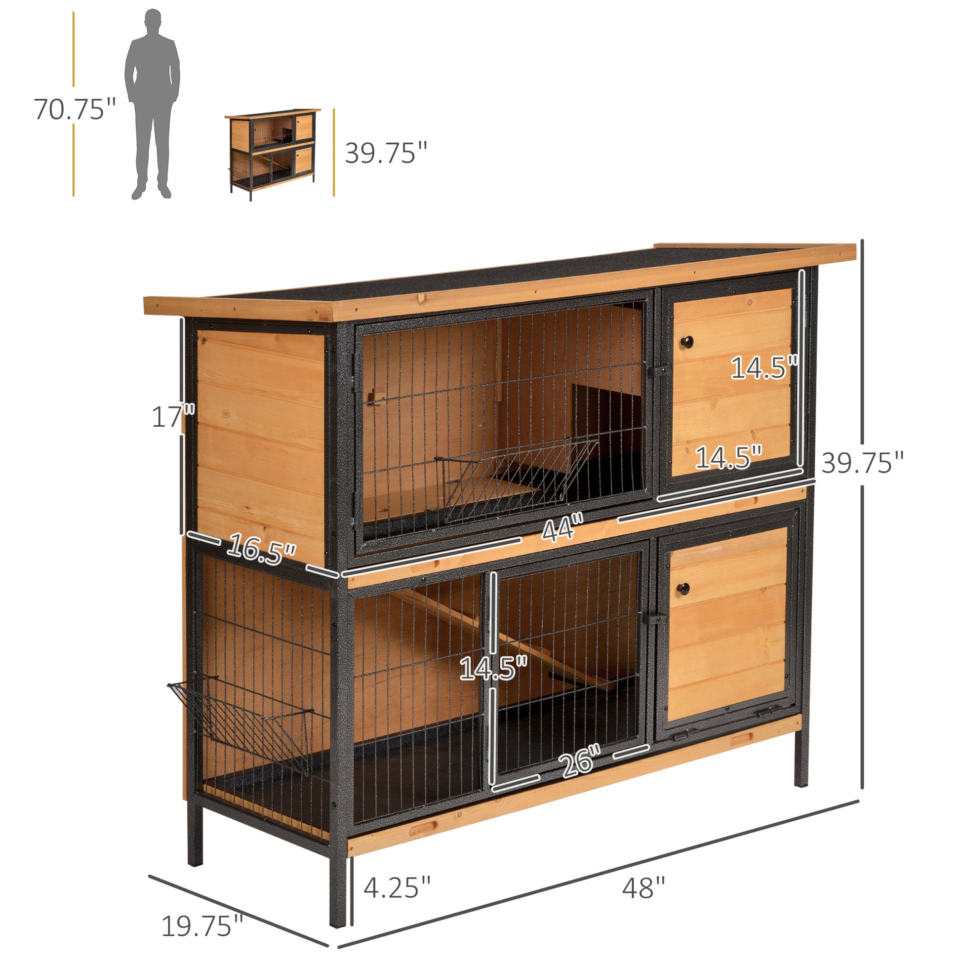 Large wooden and metal twotier rabbit hutch with multiple compartments and easy access doors