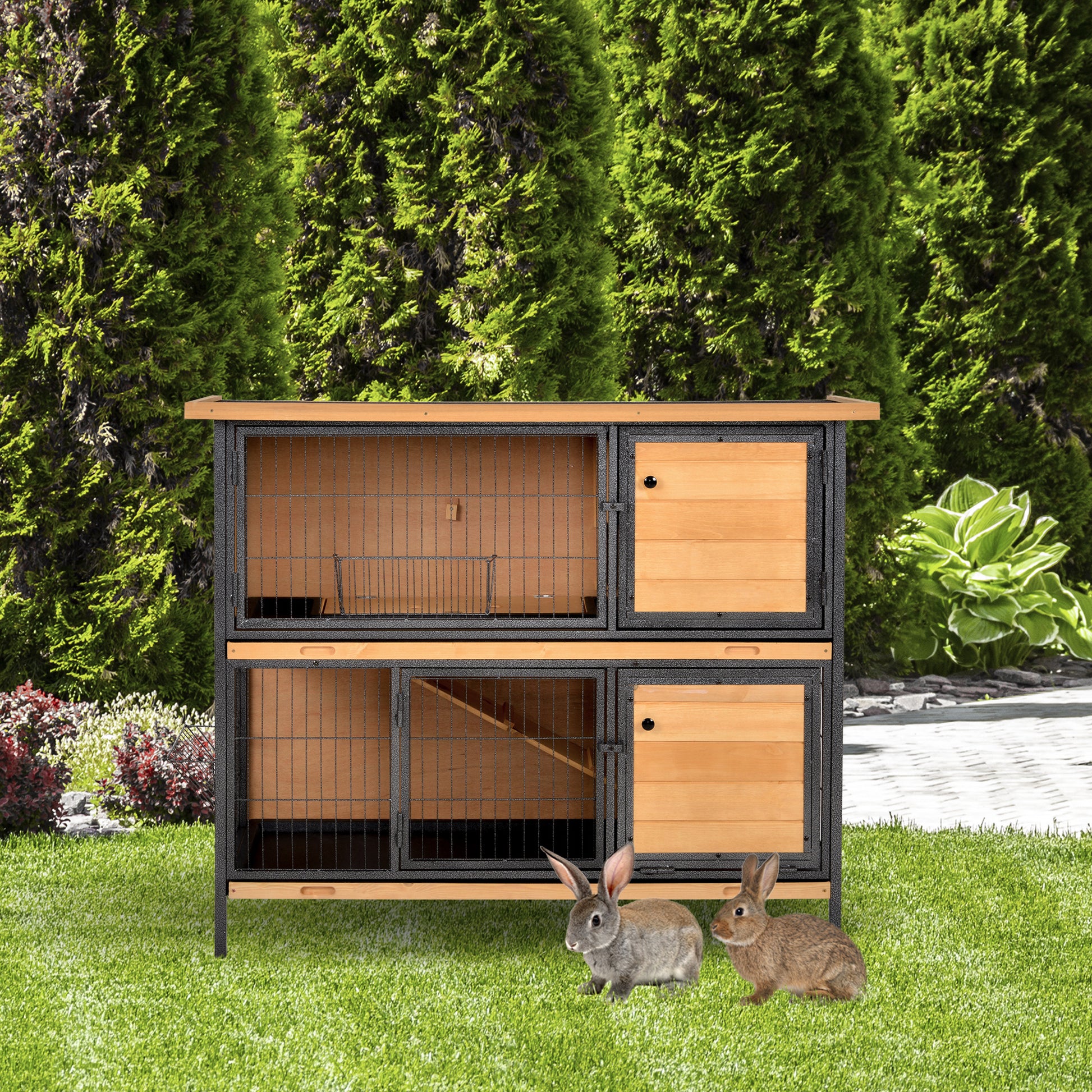 Wooden and wire multilevel rabbit hutch with two enclosed sections and access doors