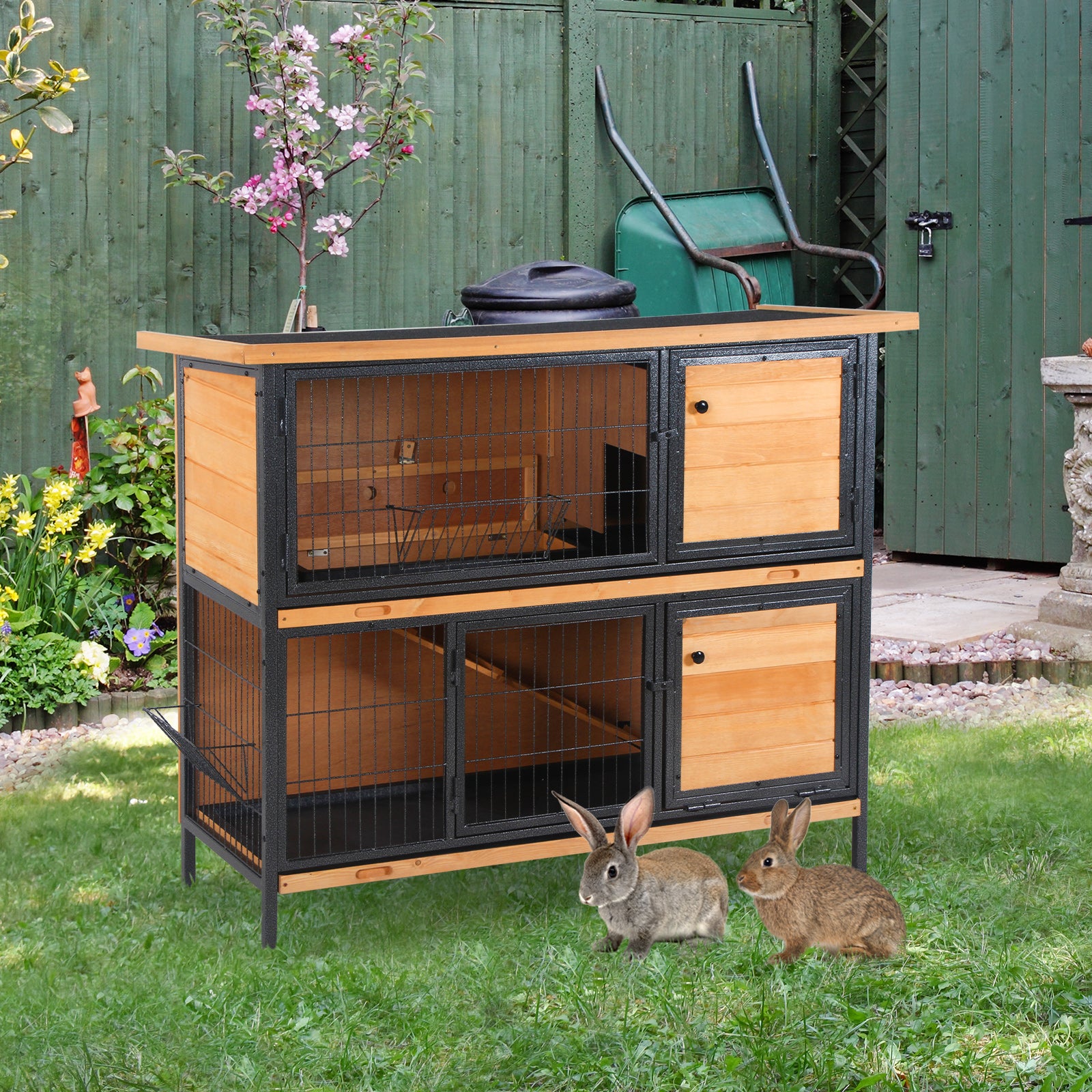 Twotier wooden rabbit hutch with wire mesh doors and solid wood panels ideal for backyard pets