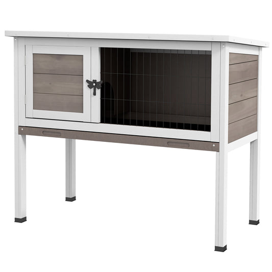 White and grey outdoor rabbit hutch with two doors and a wire mesh front for ventilation