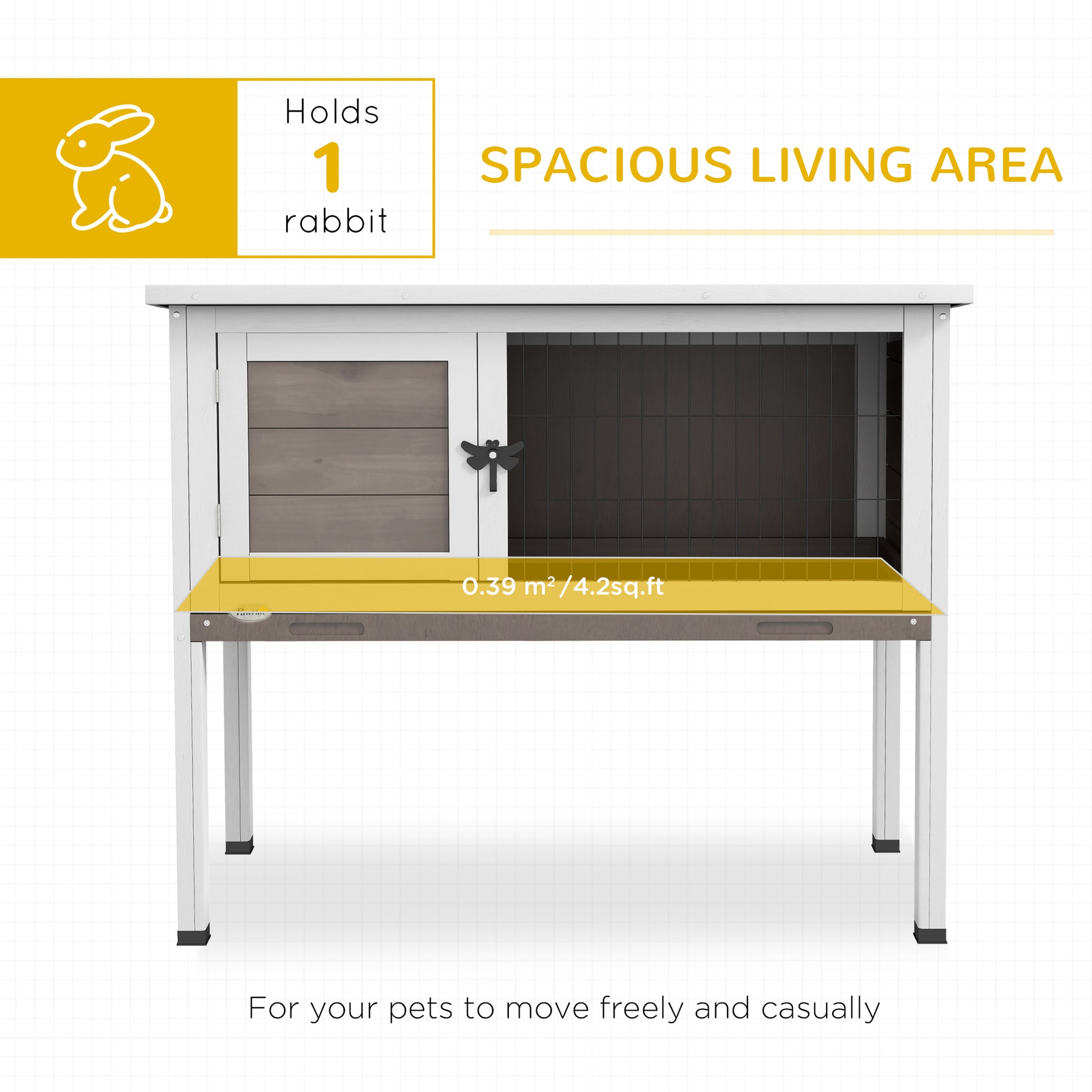White wooden outdoor rabbit hutch with spacious living area for one rabbit