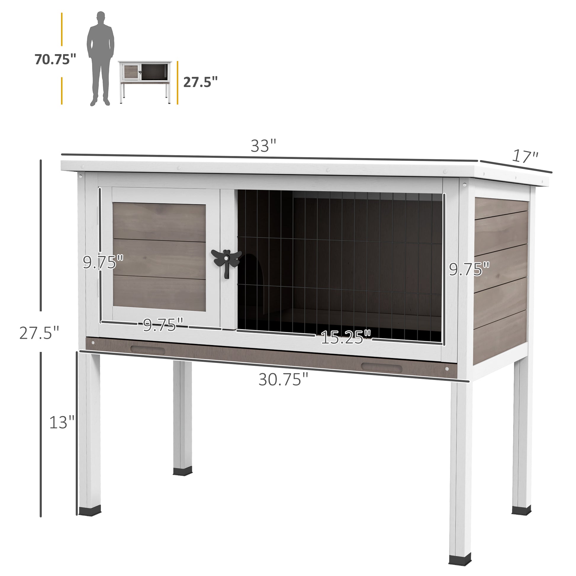 Twotier rabbit hutch with white frame and grey wood accents featuring wire mesh and a secure latch