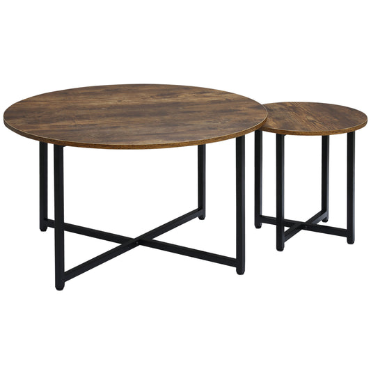Round wooden coffee table set with black metal legs