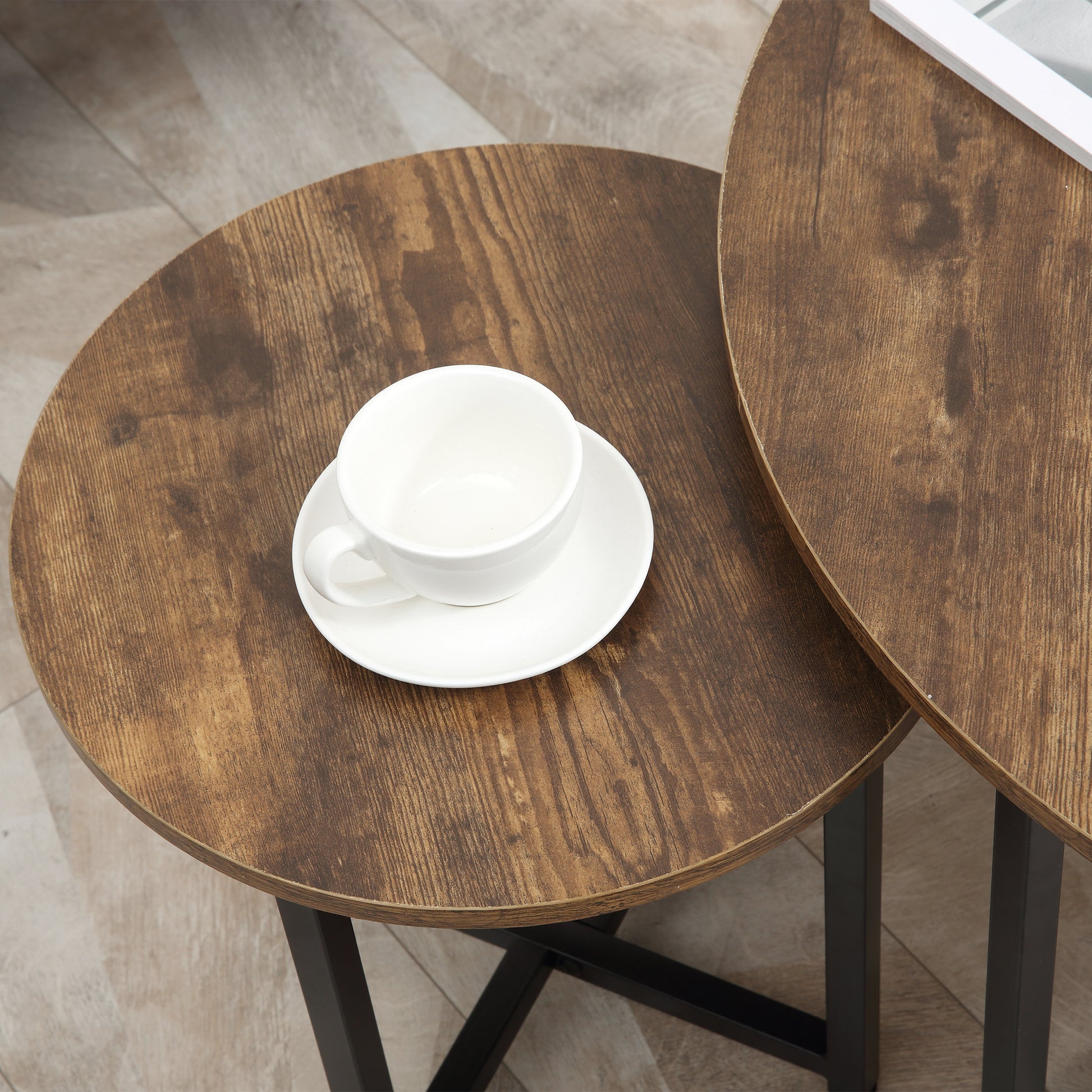 Rustic wood grain nesting coffee tables set of  with white cup