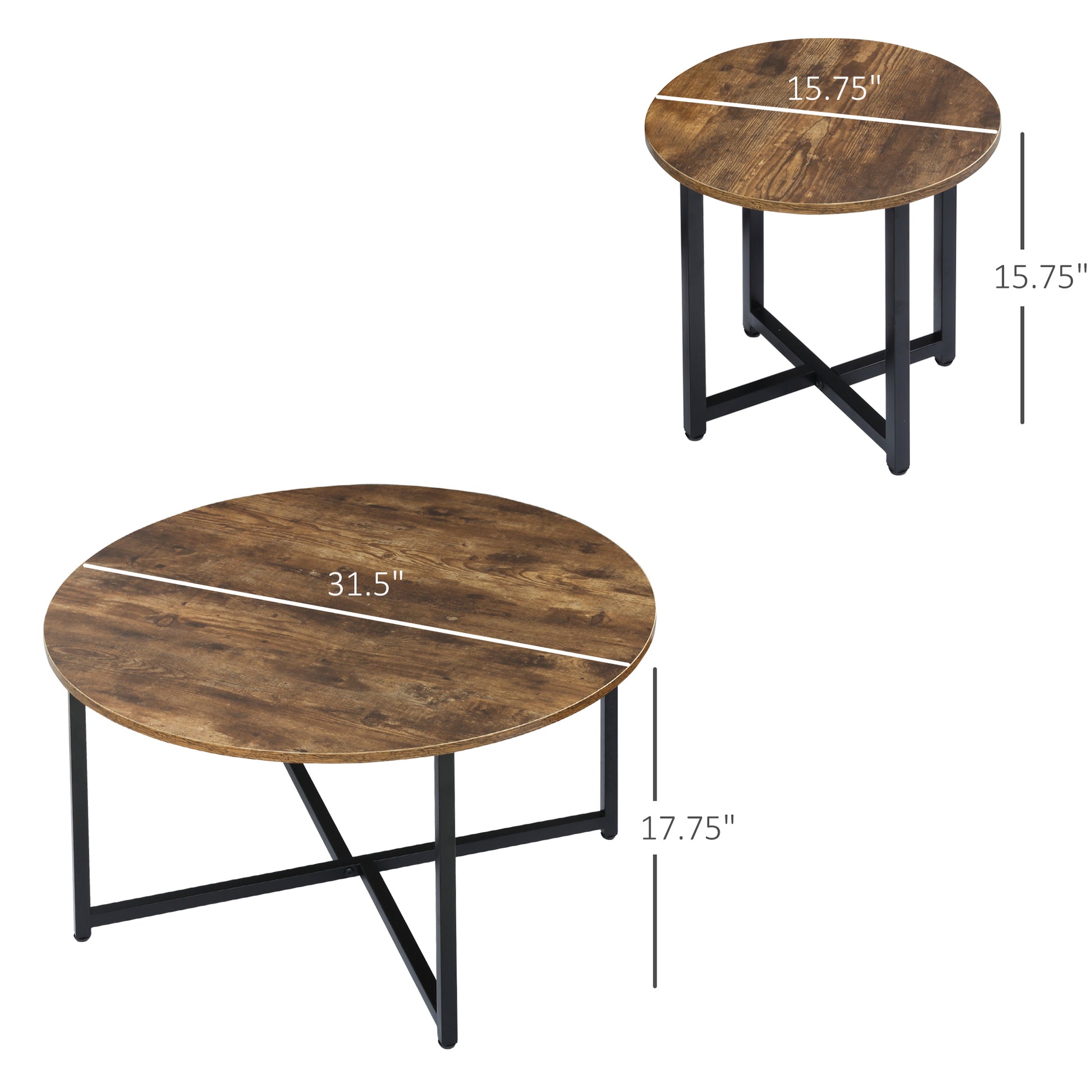 Rustic round coffee table with distressed wood top and black metal base