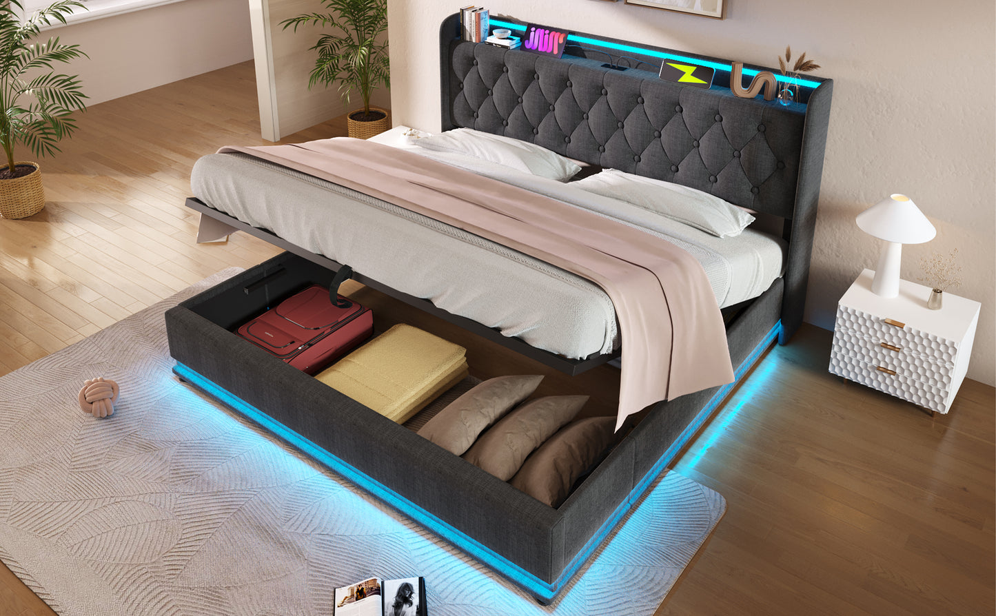 Dark grey upholstered bed frame with storage and builtin LED lights