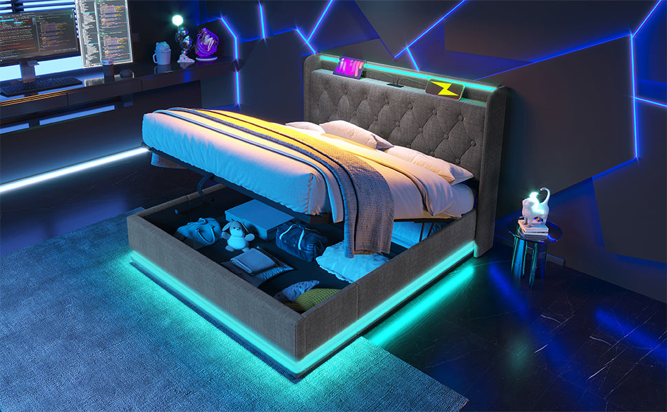 Grey upholstered storage bed with LED lighting and tufted headboard