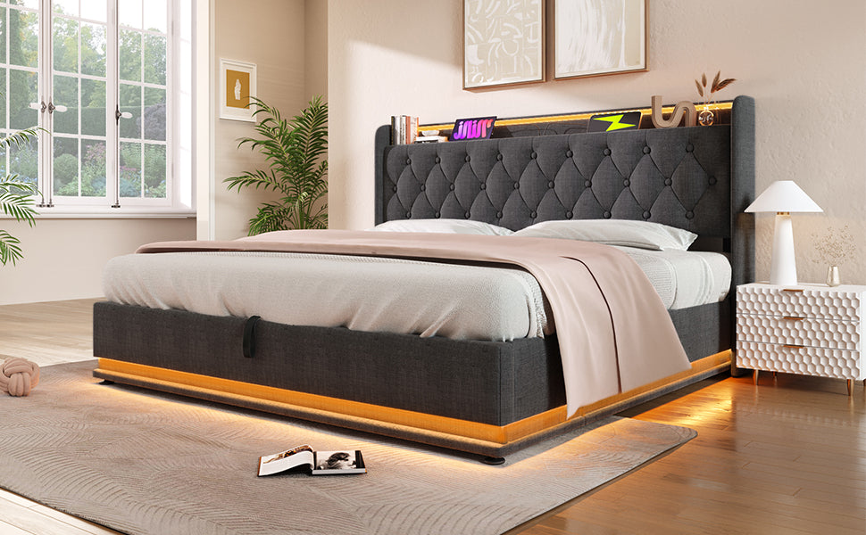 Dark grey upholstered king bed with tufted headboard and builtin LED lighting
