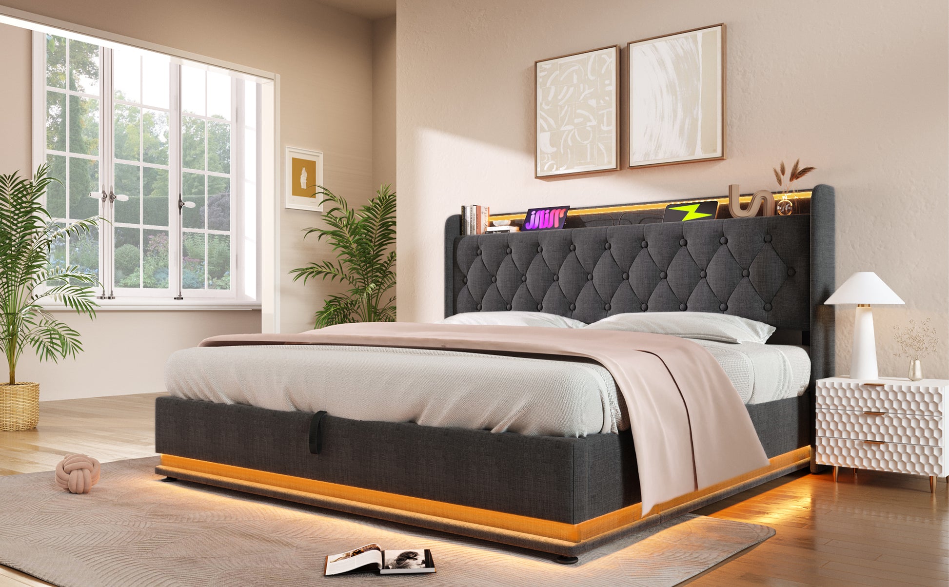 Dark grey tufted upholstered bed frame with integrated LED lighting and storage headboard