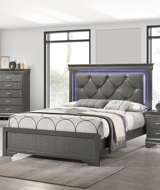 Gray tufted LED headboard bed frame with modern design