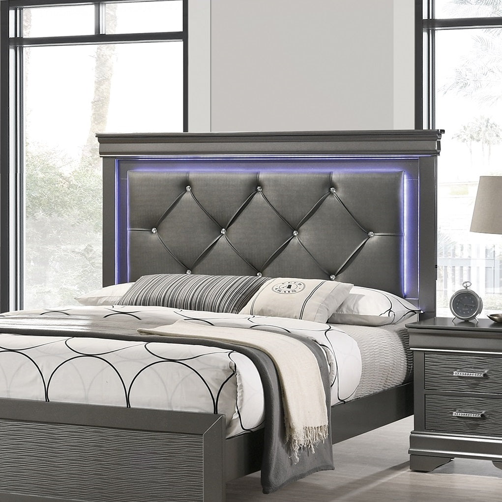 Gray upholstered diamondtufted queen bed with builtin LED lights