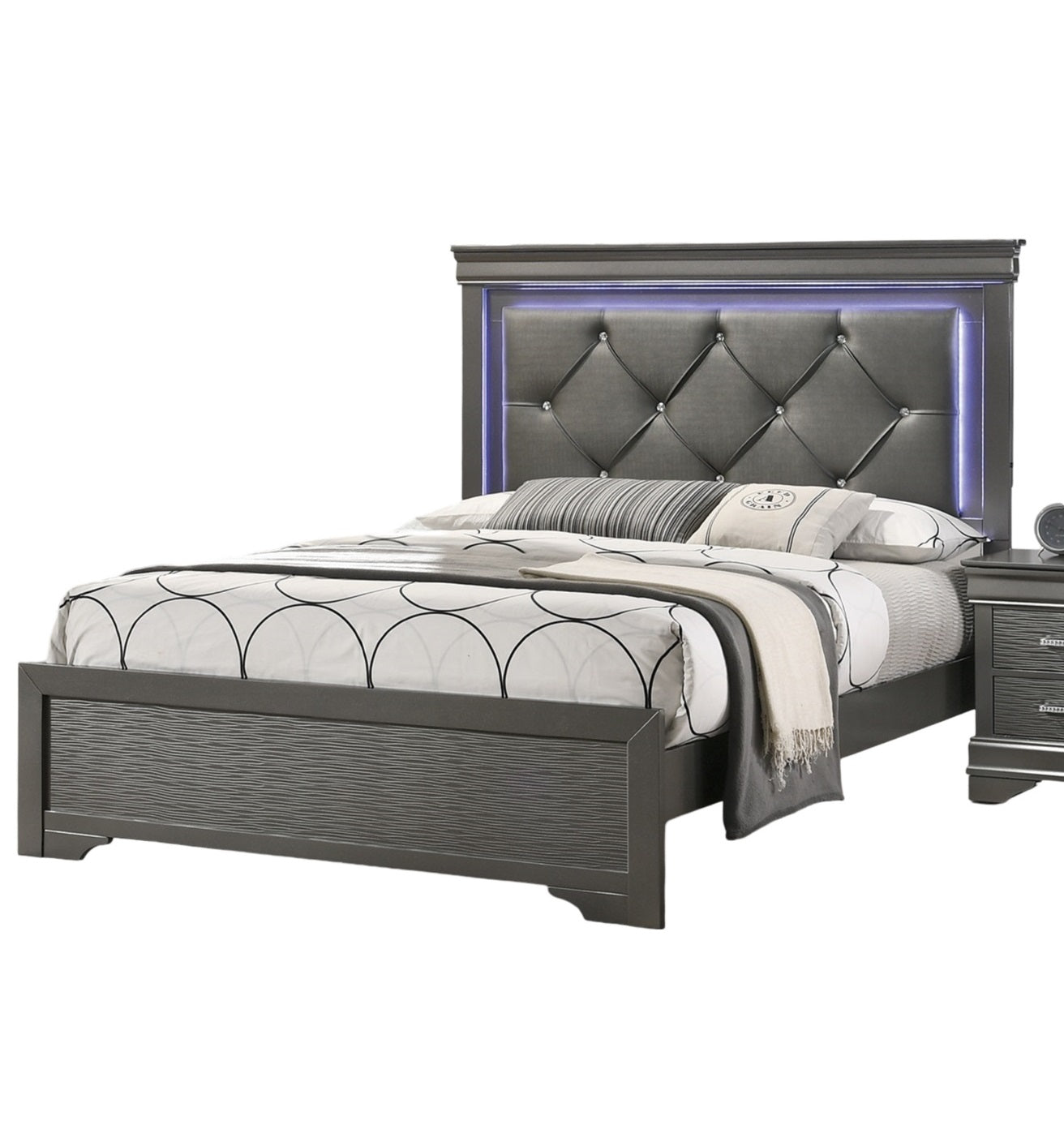 Modern grey upholstered platform bed with diamond tufting and LED headboard lighting