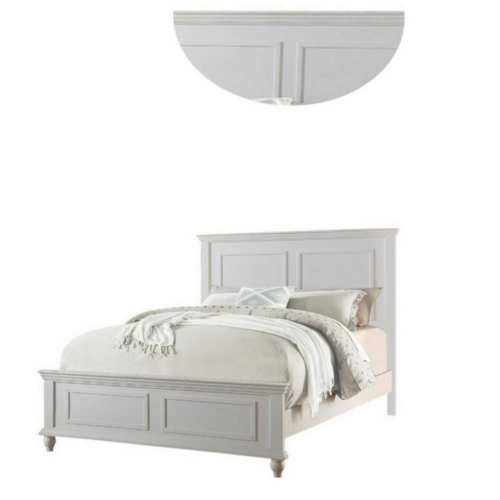 Gray upholstered king size bed with decorative panel headboard and footboard