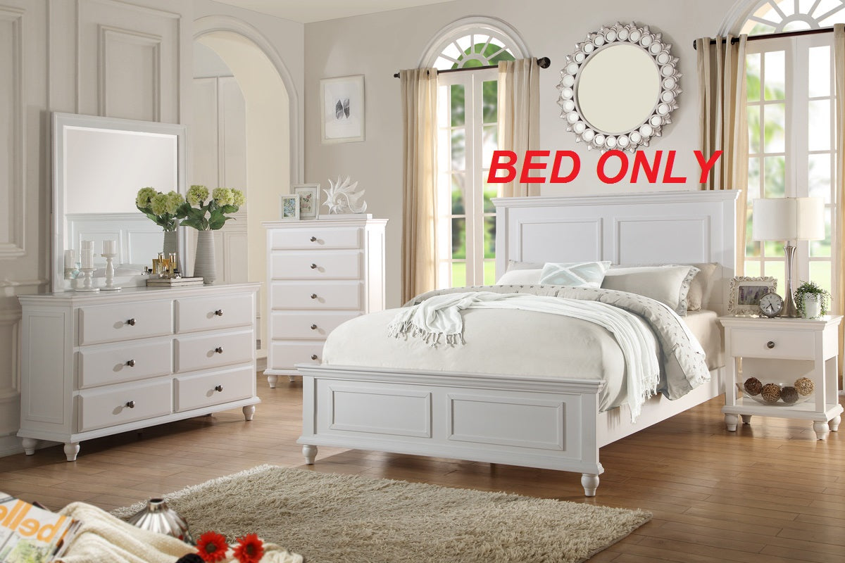 Classic white wooden platform bed with panel headboard and footboard