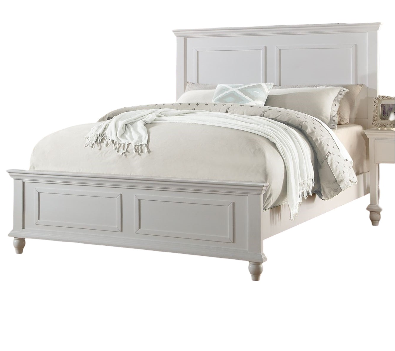 Elegant grey wood queen bed frame with decorative panel headboard and footboard for bedroom decor
