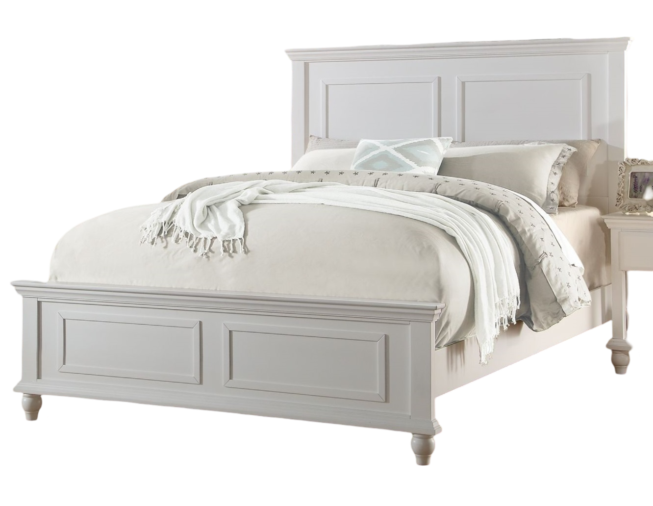 Classic white panel bed frame with plush bedding and decorative pillows perfect for master bedroom