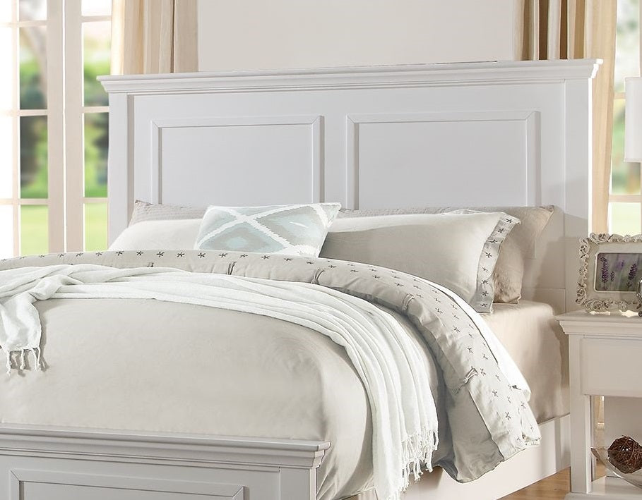 Classic white paneled wooden headboard with neutral bedding and throw