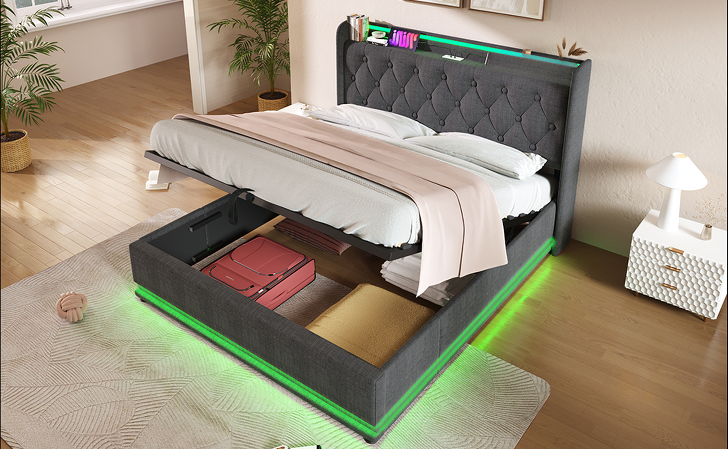 Dark gray upholstered platform bed with tufted headboard and LED lighting