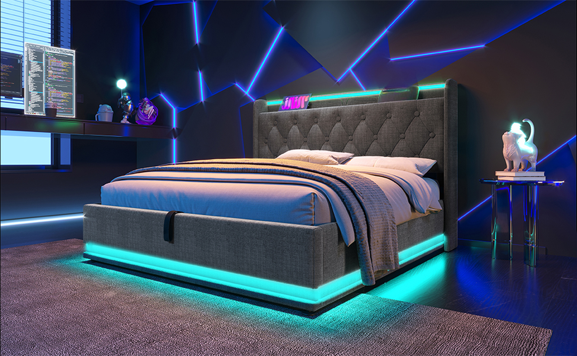 Modern grey tufted bed frame with builtin LED lighting