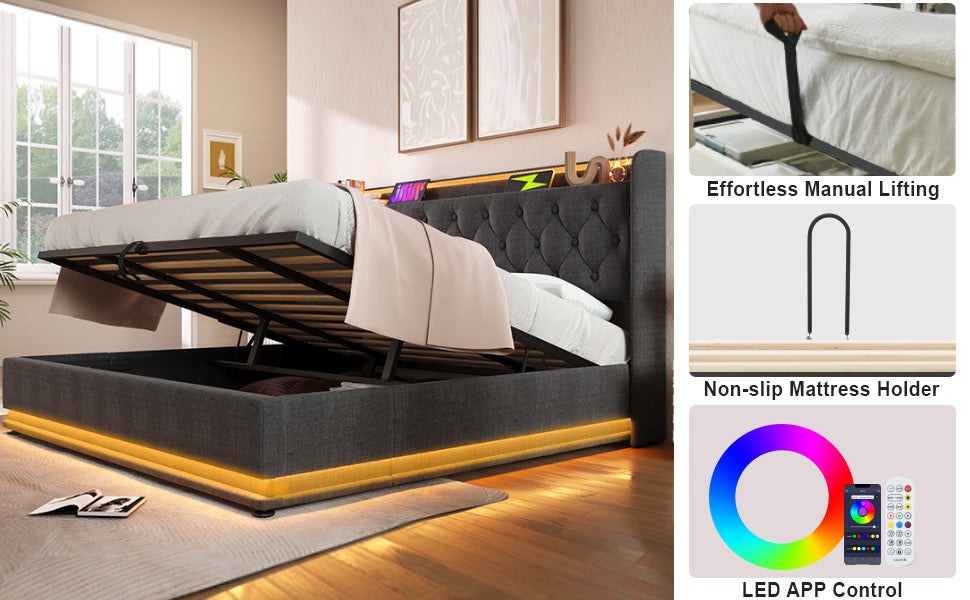Dark gray upholstered storage bed frame with liftup mattress and integrated LED lighting