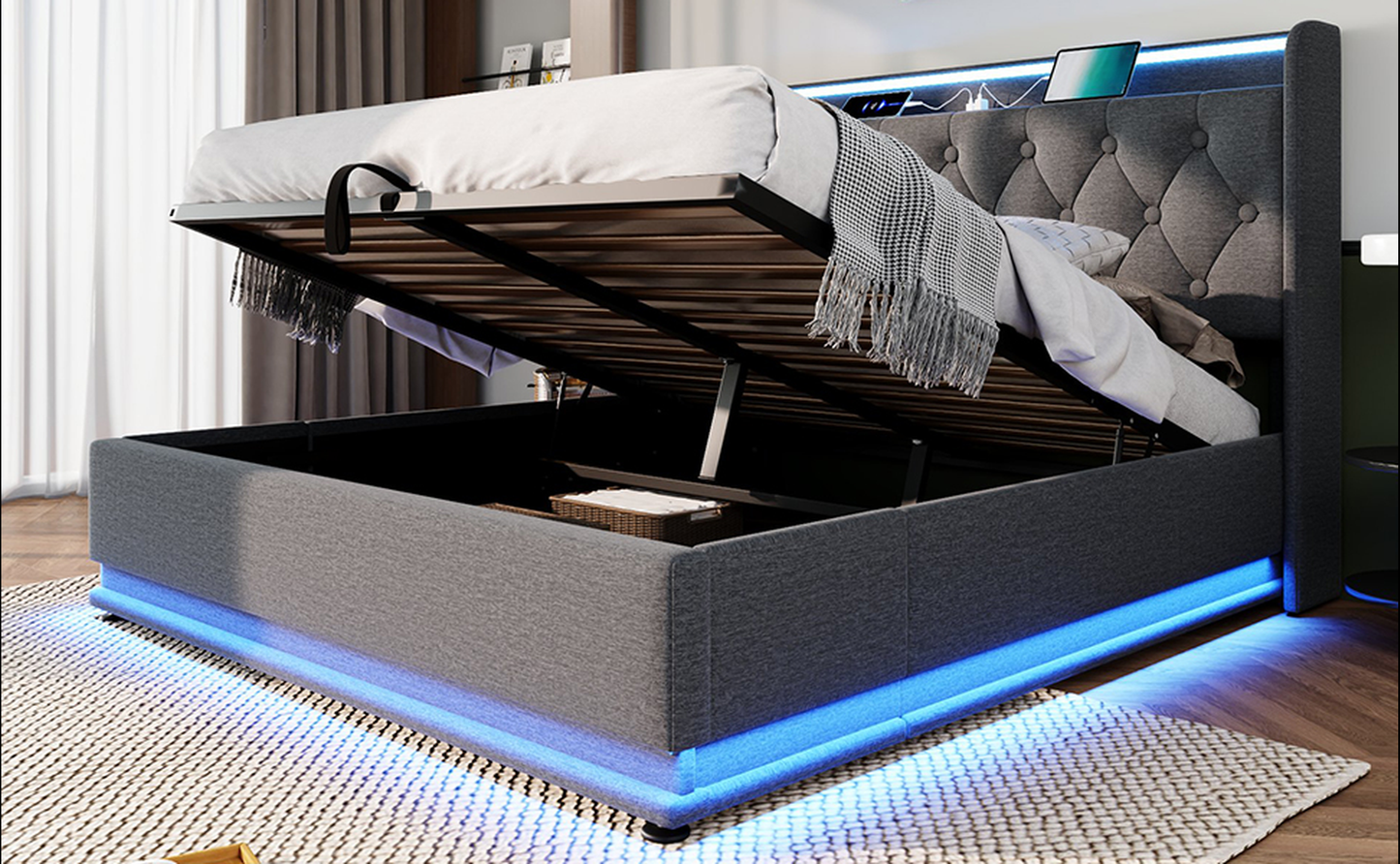 Grey fabric storage bed with tufted headboard and blue LED lighting