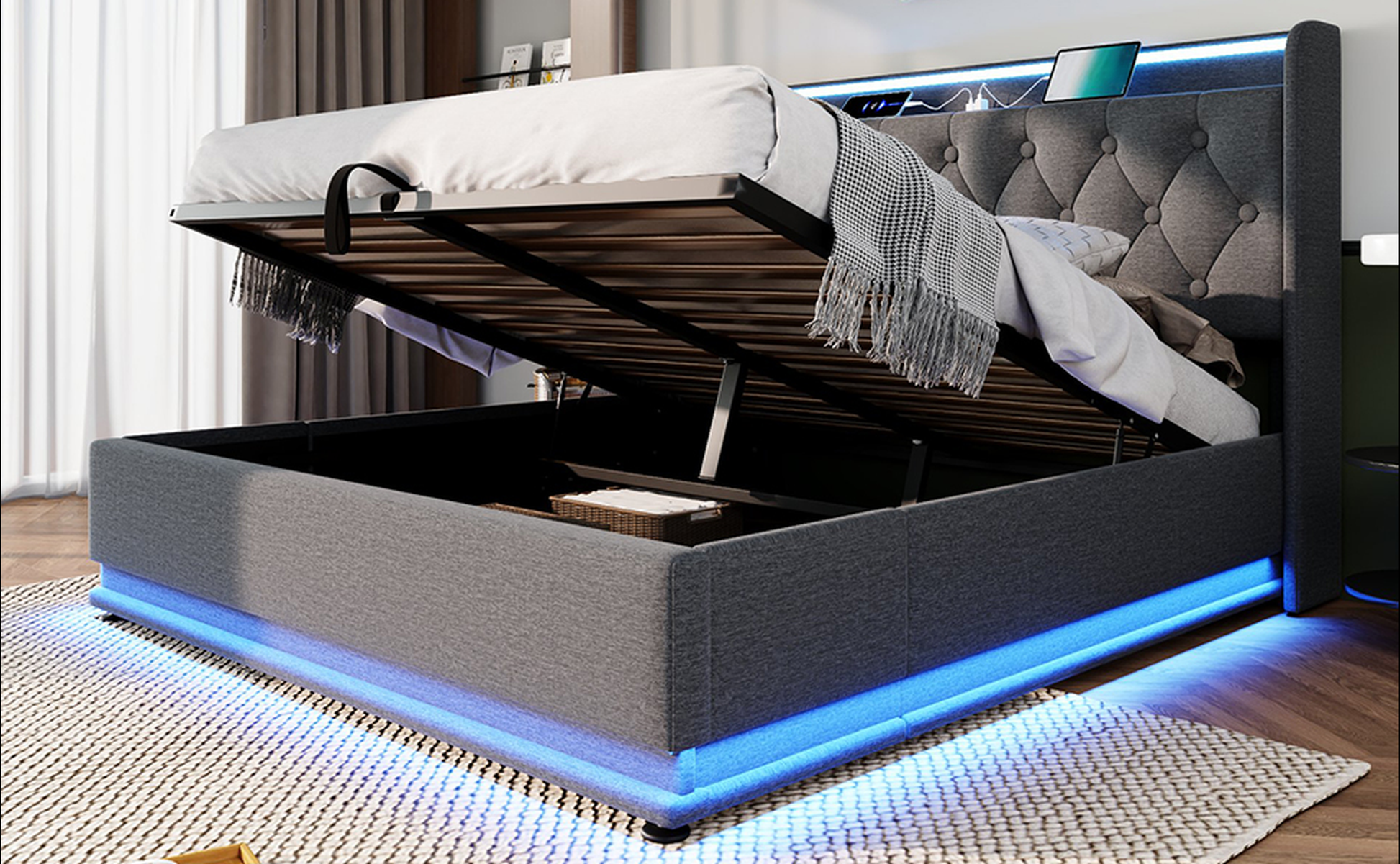Grey fabric storage bed with tufted headboard and blue LED lighting