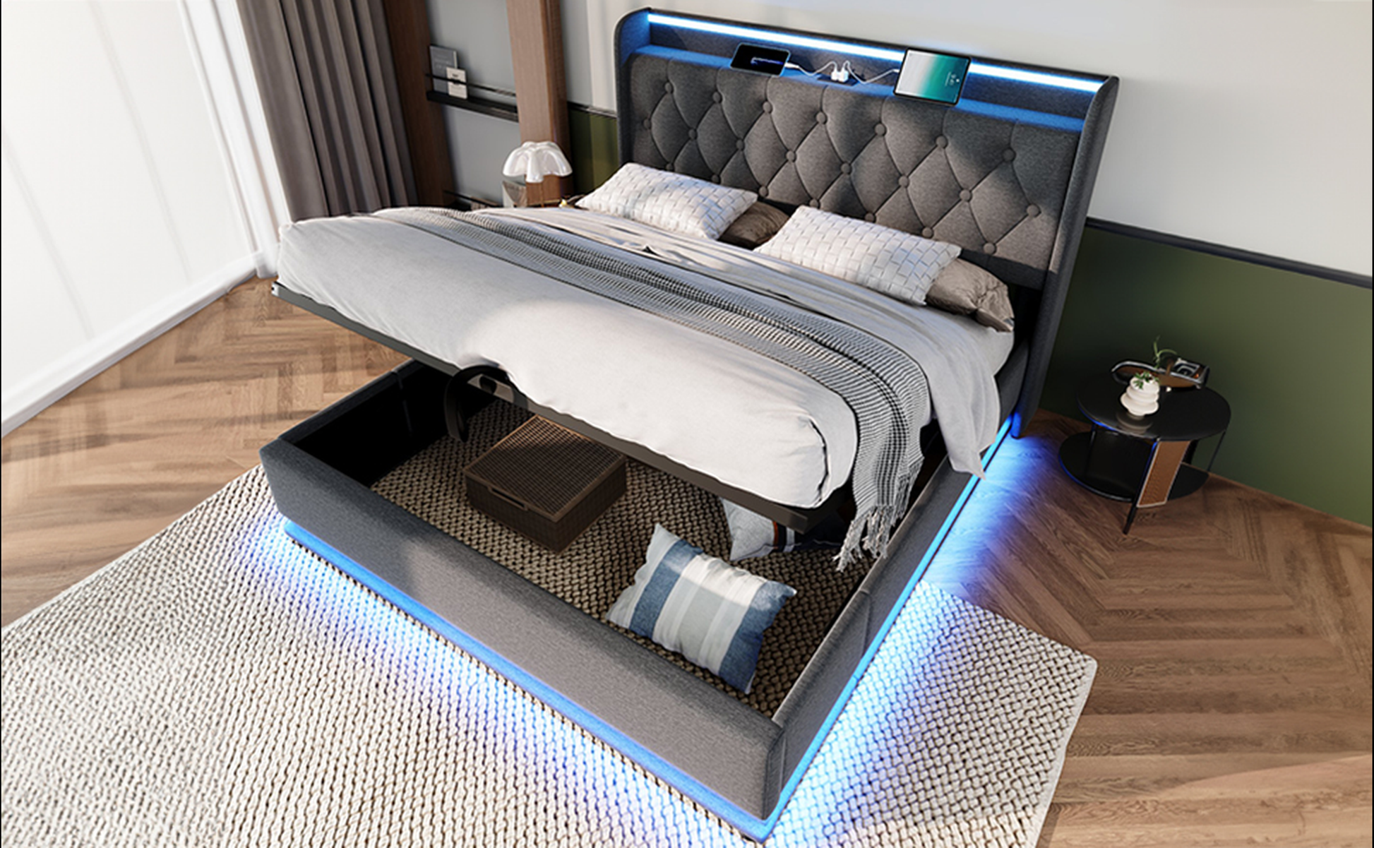 Tufted grey upholstered bed with liftup storage and blue LED lighting