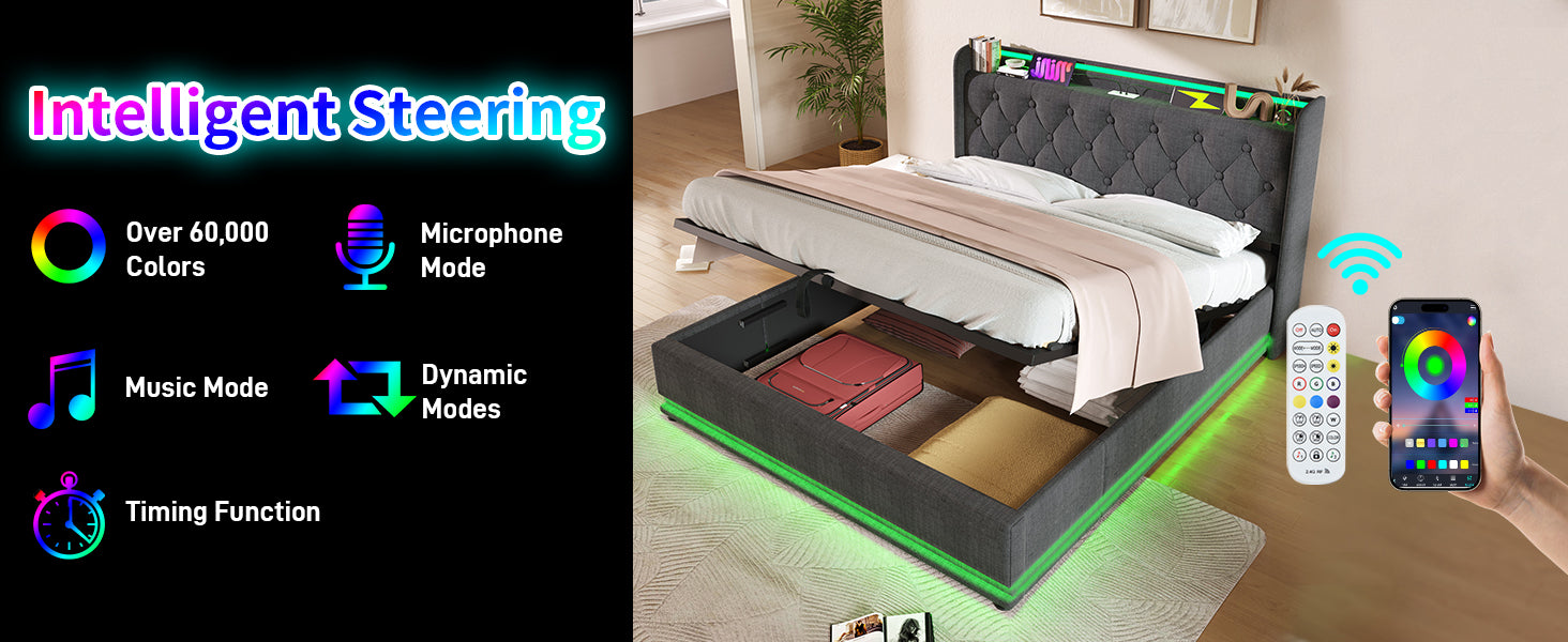 Dark grey fabric tufted bed with RGB LED lighting and storage