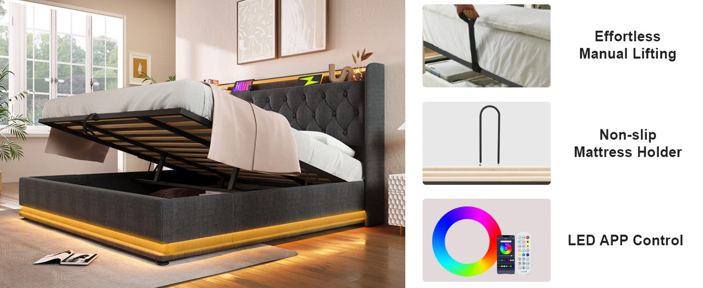 Dark grey upholstered bed frame with liftup storage and ambient LED lighting